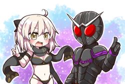 Rule 34 | 1boy, 1girl, :d, absurdres, bikini, black bikini, black bow, black scarf, blonde hair, blush, bow, breasts, brown eyes, cleavage, commentary request, crossover, fate/grand order, fate (series), hair between eyes, hair bow, highleg, highleg bikini, highres, jako (jakoo21), kamen rider, kamen rider joker, kamen rider w, layered bikini, navel, okita j. souji (fate), okita j. souji (first ascension) (fate), okita souji (fate), okita souji (koha-ace), open mouth, pointing, pointing at viewer, red eyes, round teeth, scarf, small breasts, smile, swimsuit, teeth, upper teeth only, wristband