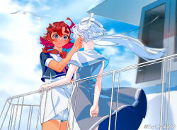 Rule 34 | 2girls, artist name, bird, blue eyes, blue sky, blush, cloud, day, dress, gundam, gundam suisei no majo, hairband, hand on another&#039;s face, highres, long hair, looking at another, miorine rembran, multiple girls, outdoors, ponytail, red hair, sailor dress, ship, sky, suletta mercury, thick eyebrows, watercraft, white hair, yurisuki00