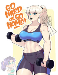 Rule 34 | 2024, 20s, 2girls, black hair, black lips, black nails, black shorts, blonde hair, blue eyes, blue sports bra, breasts, chibi, choker, cleavage, clothes writing, collarbone, dumbbell, earbuds, earphones, elf, exercising, green eyes, green shorts, green sports bra, holding, large breasts, long hair, looking at viewer, multicolored hair, multiple girls, navel, pointy ears, ponytail, purple hair, shorts, sidney (zeshgolden), sports bra, standing, sweat, swimsuit, towel, two-tone hair, weightlifting, white background, zeshgolden