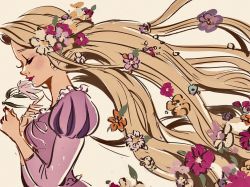 Rule 34 | 1girl, beige background, blonde hair, blue flower, blush, breasts, commentary request, dress, expressionless, eyelashes, closed eyes, floating hair, flower, from side, hair flower, hair ornament, hands on own chest, highres, holding, holding flower, light smile, lips, lipstick, long hair, long sleeves, makeup, masso, medium breasts, orange flower, pink flower, profile, puffy short sleeves, puffy sleeves, purple dress, purple flower, rapunzel (disney), short sleeves, simple background, solo, tangled, upper body, very long hair, white flower, yellow flower