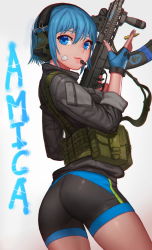 Rule 34 | 1girl, ammunition pouch, ass, assault rifle, bad id, bad pixiv id, bandage on face, bandages, bike shorts, blue eyes, blue gloves, blue hair, buckle, bullet, bypos, cartridge, fingerless gloves, gloves, gun, headset, highres, holding, holding gun, holding weapon, load bearing vest, matching hair/eyes, mole, mole under eye, original, pouch, rifle, short hair, snap-fit buckle, solo, trigger discipline, weapon