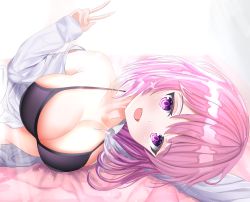 Rule 34 | bad id, bad pixiv id, blouse, breasts, cleavage, elf, highres, large breasts, looking at viewer, lucid (maplestory), lying, maplestory, on side, open clothes, open shirt, pink eyes, pink hair, pointy ears, shirt, short hair, simple background, solo, v