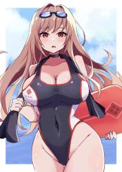 Rule 34 | 1girl, absurdres, black choker, black one-piece swimsuit, blue sky, breasts, brown hair, choker, cleavage, cloud, commentary request, competition swimsuit, covered navel, cowboy shot, curvy, goddess of victory: nikke, goggles, goggles on head, highleg, highleg swimsuit, highres, kickboard, large breasts, light brown hair, long hair, maruichi pepeto, one-piece swimsuit, partial commentary, rapi (classic vacation) (nikke), rapi (nikke), shiny skin, sky, solo, swimsuit, towel, two-tone swimsuit, very long hair, wide hips