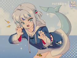 Rule 34 | 1980s (style), 1girl, a (phrase), animal hoodie, artist name, bent over, blue eyes, blue hair, blue hoodie, blue nails, blue sky, bluethebone, blush, bottomless, claw pose, cloud, collarbone, commentary, drawstring, english commentary, english text, fins, fish tail, gawr gura, gawr gura (1st costume), grey hair, hair intakes, hair ornament, hololive, hololive english, hood, hood down, hoodie, leaning forward, long sleeves, medium hair, multicolored clothes, multicolored hair, multicolored hoodie, nail polish, no pants, ocean, oldschool, open mouth, outdoors, patreon username, retro artstyle, shark girl, shark hair ornament, shark hoodie, shark tail, sharp teeth, sidelocks, sky, smile, solo, sparkle, standing, streaked hair, subtitled, tail, teeth, two side up, upper teeth only, virtual youtuber, water