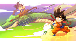 Rule 34 | 2boys, aged down, animal, antlers, black eyes, black hair, blue footwear, blue shirt, blurry, blurry background, border, clenched hands, closed mouth, clothes writing, cloud, cloudy sky, deer antlers, dot nose, dougi, dragon, dragon ball, dragon ball (classic), dragon ball gt, dragon riding, dual persona, facing viewer, flying nimbus, gradient background, green background, hand on own face, hand up, horns, legs apart, looking afar, looking at viewer, male focus, messy hair, monkey tail, multiple boys, ruyi jingu bang, ommmyoh, open mouth, pants, pink background, purple background, red eyes, salute, shenron (dragon ball), shirt, shoes, sitting on animal, sky, smile, son goku, spiked hair, standing, tail, teeth, time paradox, weapon, whiskers, white border, wide shot, wristband, yellow background, yellow pants