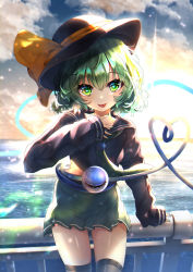 Rule 34 | 1girl, :p, absurdres, alternate costume, backlighting, black hat, black thighhighs, bloom, bow, cloud, cowboy shot, day, dfra, green eyes, green hair, green skirt, hair between eyes, hand up, hat, hat bow, head tilt, heart, highres, komeiji koishi, long sleeves, looking at viewer, miniskirt, open mouth, outdoors, overexposure, railing, shirt, short hair, skirt, sky, sleeves past wrists, solo, thighhighs, third eye, tongue, tongue out, touhou