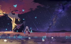 Rule 34 | 1girl, absurdres, afloat, ahoge, animal, bean sprouts (6651003), bell, blonde hair, blue butterfly, blush, bubble, bug, butterfly, claws, fangs, floral print, galaxy, glowing, glowing butterfly, highres, bug, lantern, long hair, monster, night, night sky, original, outdoors, paper, paper boat, pink eyes, pointy ears, reflection, scenery, shooting star, sitting, sky, sleeping, sleeves past fingers, sleeves past wrists, star (sky), starry sky, tree, water