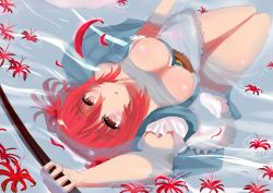 Rule 34 | 1girl, absurdres, blush, breasts, cleavage, female focus, flower, frills, from above, hair bobbles, hair ornament, highres, japanese clothes, large breasts, legs, onozuka komachi, perspective, senbon tsuki, short hair, solo, submerged, touhou, water