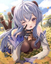 Rule 34 | 1girl, ahoge, arm support, bare shoulders, bell, birthday, black gloves, black pantyhose, blue hair, blush, bodystocking, breasts, cloud, detached sleeves, feet up, field, flower, flower field, full body, ganyu (genshin impact), genshin impact, gloves, goat horns, hair between eyes, hand up, highres, horns, kuromuru, long hair, long sleeves, looking at viewer, lying, medium breasts, neck bell, on grass, on stomach, one eye closed, open mouth, outdoors, pantyhose, petals, purple eyes, sidelocks, solo, teardrop, the pose, white sleeves