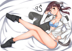 Rule 34 | 1girl, animal ears, blue bra, blue panties, blush, boots, bra, breasts, brown eyes, brown hair, cleavage, collarbone, dog ears, dog tail, gertrud barkhorn, happy birthday, highres, hiroshi (hunter-of-kct), jacket, unworn jacket, legs, crossed legs, long legs, lying, medium breasts, navel, on side, open clothes, open shirt, panties, smile, solo, strike witches, tail, thighs, underwear, world witches series