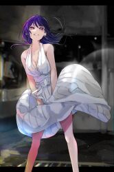 Rule 34 | 1girl, bare arms, bare shoulders, breasts, cleavage, collarbone, commentary, cosplay, dress, earrings, feet out of frame, funi mu9, glint, grin, halter dress, halterneck, highres, hoshino ai (oshi no ko), jewelry, large breasts, long hair, looking at viewer, marilyn monroe, marilyn monroe (cosplay), oshi no ko, outside border, purple eyes, purple hair, smile, solo, standing, star-shaped pupils, star (symbol), sundress, symbol-shaped pupils, white dress, wind, wind lift