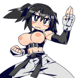 Rule 34 | 1girl, belt, black belt, black eyes, black hair, breasts, breasts out, cannsk, clenched hand, commentary request, detached sleeves, fighting stance, fingerless gloves, frown, gloves, grey gloves, grey pants, kurogane arumi, large breasts, midriff, mma gloves, navel, nipples, original, pants, serious, sleeveless, sleeveless turtleneck, solo, turtleneck, twintails, v-shaped eyebrows