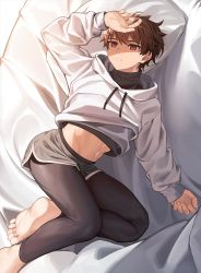 Rule 34 | 1boy, barefoot, black leggings, commentary request, dolphin shorts, drawstring, foot out of frame, from above, hands on own head, highres, hood, hoodie, leggings, leggings under shorts, long sleeves, looking at viewer, lying, male focus, midriff peek, nayoshi (r-744), on back, original, purple eyes, short shorts, shorts, skin tight, solo, spandex, tight clothes, turtleneck, white hoodie