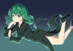 Rule 34 | 1girl, absurdres, ass, bare legs, black dress, black footwear, blue background, breasts, closed mouth, commentary request, curly hair, dia (yvirus68), dress, feet up, female focus, gradient background, green eyes, green hair, hand on own chin, highres, long sleeves, looking at viewer, lying, matching hair/eyes, medium breasts, medium hair, midair, on stomach, one-punch man, side slit, solo, tatsumaki, telekinesis, v-shaped eyebrows