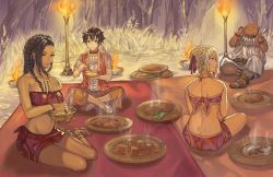 Rule 34 | 2boys, 2girls, :t, absurdres, ai fa, back, bandeau, bare arms, blonde hair, blue eyes, bowl, bracelet, braid, breasts, brown hair, character request, closed mouth, collarbone, cover image, dark skin, eating, fire, food, highres, holding, holding bowl, holding spoon, indian style, isekai ryouridou, jewelry, kochimo, large breasts, long hair, looking at viewer, looking to the side, meat, midriff, multiple boys, multiple girls, navel, necklace, night, novel illustration, official art, outdoors, photoshop (medium), profile, red eyes, sandals, second-party source, sitting, smile, spoon, steam, textless version, tree, tsurumi asuta, yokozuwari