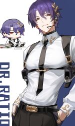 Rule 34 | 1boy, 625light, absurdres, black necktie, black pants, character name, chest harness, chibi, collared shirt, commentary, cowboy shot, dr. ratio (honkai: star rail), english commentary, hands in pockets, harness, headphones, highres, honkai: star rail, honkai (series), long sleeves, looking at viewer, necktie, pants, purple hair, shirt, solo, white shirt, yellow eyes