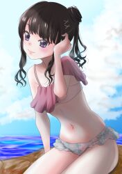 Rule 34 | 1girl, absurdres, bikini, black hair, blue sky, cloud, collarbone, commentary request, frilled bikini, frills, hair bun, highres, idolmaster, idolmaster shiny colors, kasuga rurito, kazano hiori, long hair, looking at viewer, mismatched bikini, navel, ponytail, purple eyes, sitting, sky, solo, swimsuit, water