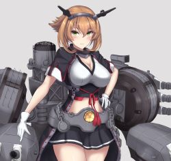 Rule 34 | 1girl, bare shoulders, black skirt, blush, breasts, brown hair, bubble, cannon, chain, gloves, green eyes, grey background, hand on own hip, headgear, highres, kantai collection, large breasts, long hair, looking at viewer, midriff, miniskirt, monoku, mutsu (kancolle), mutsu kai ni (kancolle), navel, parted lips, pleated skirt, rigging, short hair, shrug (clothing), skirt, sky, sleeve cuffs, smile, solo, sunlight, thighs, turret, white gloves