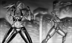 Rule 34 | 2girls, animal hood, bare shoulders, bodysuit, breasts, cat hood, catsuit, catwoman, cleavage, crop top, crossover, dc comics, faceoff, fighting stance, fingerless gloves, fingernails, gloves, goggles, greyscale, highres, hood, large breasts, megaween, midriff, monochrome, mortal kombat (series), multiple girls, navel, no bra, ponytail, sharp fingernails, sonya blade, toned, unzipping, whip