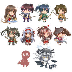 Rule 34 | &gt;:), 10s, 6+girls, :d, :o, abyssal ship, aircraft, airplane, akagi (kancolle), archery, arrow (projectile), asymmetrical hair, black hair, bodysuit, boots, bow (weapon), bowl, brown eyes, brown hair, chibi, enemy aircraft (kancolle), closed eyes, fang, flight deck, food, food on face, gloves, hairband, hand on own cheek, hand on own face, headband, hiryuu (kancolle), i-class destroyer, japanese clothes, kaga (kancolle), kantai collection, kyuudou, long hair, multiple girls, muneate, ni-class destroyer, okitakung, onmyouji, open mouth, pale skin, partially fingerless gloves, partly fingerless gloves, personification, ponytail, rice, rice bowl, rice on face, ryuujou (kancolle), scroll, short hair, shoukaku (kancolle), side ponytail, silver hair, smile, souryuu (kancolle), taihou (kancolle), tasuki, thighhighs, twintails, v-shaped eyebrows, visor cap, weapon, white background, wo-class aircraft carrier, yellow eyes, yugake, zuihou (kancolle), zuikaku (kancolle)
