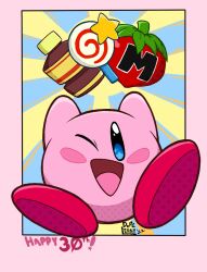 Rule 34 | anniversary, blush stickers, bottle, candy, colored skin, dopelenny, food, invincible candy, kirby, kirby (series), lollipop, maxim tomato, nintendo, no humans, one eye closed, pink skin, signature, solid oval eyes, solo, star (symbol)