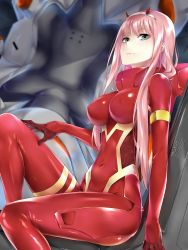 Rule 34 | 10s, 1girl, aqua eyes, artist name, blush, bodysuit, breasts, closed mouth, commentary, covered erect nipples, covered navel, darling in the franxx, hairband, hand on own thigh, highres, horns, lips, long hair, looking at viewer, medium breasts, pilot suit, pink hair, red bodysuit, rei kun, shiny clothes, shiny skin, sitting, skin tight, smile, solo, watermark, web address, white hairband, zero two (darling in the franxx)