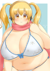Rule 34 | 1girl, absurdres, blonde hair, blush, breasts, brown eyes, cleavage, fat, highres, huge breasts, looking at viewer, nitroplus, plump, solo, super pochaco, twintails