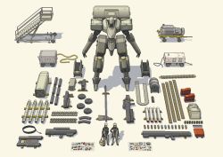 Rule 34 | 1boy, 1girl, ammunition, ammunition belt, axe, bag, blonde hair, dithering, equipment layout, generator, mecha, military, missiles, mixed-language commentary, multishot rocket launcher, original, pc-98 (style), pilot suit, pixel art, robot, rocket launcher, stairs, w a v e, weapon, white background