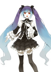 Rule 34 | 1girl, :d, alternate eye color, alternate hair color, aqua hair, detached sleeves, dress, frills, gradient hair, haijin, hand on own chest, hatsune miku, hatsune miku no gekishou (vocaloid), hatsune miku no shoushitsu (vocaloid), headset, highres, long hair, multicolored hair, necktie, open mouth, orange eyes, pale skin, popoccpo, project diva (series), project diva 2nd, purple hair, simple background, smile, solo, tears, thighhighs, twintails, very long hair, vocaloid, white background, zettai ryouiki