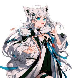 Rule 34 | 1girl, ahoge, animal ears, black dress, braid, commentary request, detached collar, dog tags, dress, earrings, fox ears, fox girl, fox shadow puppet, green eyes, hair between eyes, hair ornament, hairclip, highres, hololive, hotate rayan, jacket, jewelry, leg up, long hair, long sleeves, looking at viewer, open clothes, open jacket, open mouth, shirakami fubuki, shirakami fubuki (fubukitek), shirt, sidelocks, signature, simple background, single braid, solo, thigh strap, virtual youtuber, white background, white hair, white jacket, white shirt