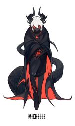 Rule 34 | 1other, black cloak, black horns, black scales, black skin, claws, cloak, colored sclera, colored skin, flower, full body, hair between eyes, highres, holding, holding flower, horns, lizard tail, long sleeves, looking at viewer, no mouth, no pupils, original, pointy ears, red cloak, red flower, red rose, red sclera, rose, short hair, simple background, sir nvms, solo, standing, tail, two-sided cloak, two-sided fabric, white background, white hair
