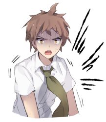Rule 34 | 1boy, bad id, bad pixiv id, brown eyes, brown hair, collared shirt, commentary request, cropped torso, danganronpa (series), danganronpa 2: goodbye despair, green necktie, hinata hajime, looking at viewer, male focus, necktie, open mouth, shaded face, shirt, short hair, short sleeves, simple background, solo, teeth, upper body, white background, white shirt, wing collar, yuhi (hssh 6)