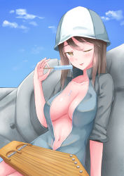 Rule 34 | 1girl, ;p, absurdres, blue sky, blush, breasts, brown eyes, brown hair, cloud, dripping, food, girls und panzer, hat, highres, instrument, kantele, keizoku school uniform, large breasts, leeshin0919, long hair, mika (girls und panzer), navel, one eye closed, open clothes, popsicle, school uniform, sky, solo, tongue, tongue out