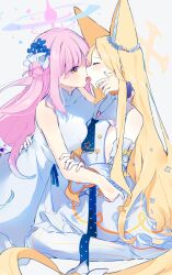 Rule 34 | 2girls, absurdly long hair, animal ear fluff, animal ears, arm around neck, arm around waist, arm grab, bare shoulders, blonde hair, blue archive, blush, breast press, breasts, closed mouth, commentary request, couple, covered collarbone, dress, fox ears, french kiss, hair bun, hair flowing over, halo, highres, kiss, long hair, low wings, mika (blue archive), multiple girls, pantyhose, pink hair, purple scrunchie, scrunchie, seia (blue archive), sideless shirt, single side bun, very long hair, white background, white dress, white footwear, white pantyhose, white wings, wings, wrist scrunchie, yellow eyes, yun (dust-i1), yuri