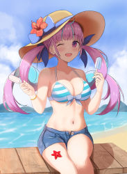 Rule 34 | 1girl, :d, absurdres, beach, bench, bikini, blue bikini, blue hair, blue sky, blunt bangs, breasts, cleavage, cloud, colored inner hair, commentary request, day, denim, denim shorts, flower, food, hat, hat flower, hat ribbon, highres, holding, holding food, hololive, long hair, medium breasts, minato aqua, mountainous horizon, multicolored hair, navel, ocean, one eye closed, open mouth, outdoors, popsicle, purple eyes, purple hair, ribbon, short shorts, shorts, sitting, sky, smile, starfish, striped bikini, striped clothes, sun hat, swimsuit, takeawatch, teeth, thighs, two-tone hair, unbuttoned, upper teeth only, virtual youtuber, wooden bench