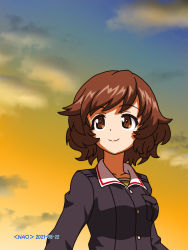 Rule 34 | 1girl, akiyama yukari, artist name, blue jacket, brown eyes, brown hair, closed mouth, cloud, cloudy sky, commentary, dated, girls und panzer, green shirt, highres, jacket, long sleeves, looking to the side, messy hair, military, military uniform, naotosi, ooarai military uniform, orange sky, outdoors, shirt, short hair, sky, smile, solo, twilight, uniform, upper body