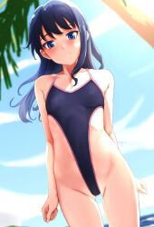 Rule 34 | 1girl, absurdres, alice gear aegis, blue eyes, blue hair, blue one-piece swimsuit, blue sky, blush, breasts, day, embarrassed, floating hair, highleg, highleg swimsuit, highres, koashi mutsumi, long hair, looking at viewer, mutsumura ryuuichi, one-piece swimsuit, outdoors, revealing clothes, sky, small breasts, solo, swimsuit, water, wind