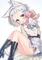 Rule 34 | 1girl, :d, animal ear fluff, animal ears, asagi yuna, black footwear, blush, boots, cat ears, cat tail, dress, dutch angle, facial mark, fang, fish hair ornament, forehead, green eyes, hair intakes, hair ornament, hands on own chest, highres, knee boots, knees together feet apart, long sleeves, looking at viewer, open mouth, original, short hair, sidelocks, sitting, smile, solo, tail, thick eyebrows, thighs, whisker markings, white dress, white hair