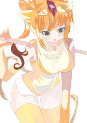 Rule 34 | 1girl, absurdres, animal ears, breasts, chinese clothes, cowboy shot, derivative work, golden snub-nosed monkey (kemono friends), green eyes, highres, holding, kemono friends, kou822, leaning forward, looking away, medium breasts, open mouth, orange hair, orange thighhighs, original, smile, solo, standing, thigh gap, thighhighs