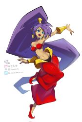 Rule 34 | armlet, bandeau, blue eyes, corrupted twitter file, earrings, full body, highres, jewelry, long hair, midriff, o-ring, o-ring top, open mouth, pants, pointy ears, ponytail, purple hair, red bandeau, red footwear, red pants, shantae, shantae (series), simple background, smile, standing, standing on one leg, twitter username, very long hair, youzaiyouzai112