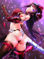 Rule 34 | 1girl, ass, bare shoulders, black hair, blue eyes, breasts, brown thighhighs, commentary request, doyouwantto, elbow gloves, floating hair, frame arms girl, from behind, gloves, headgear, highres, holding, holding sword, holding weapon, large breasts, long hair, looking at viewer, looking back, magatsuki, open mouth, shiny skin, signature, solo, sword, thighhighs, very long hair, weapon