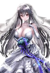 Rule 34 | 1girl, aqua flower, azur lane, bare shoulders, black hair, blue flower, blue ribbon, blush, bouquet, breasts, bridal veil, bride, dress, elbow gloves, flower, gloves, gradient dress, grey dress, hair between eyes, hair ornament, highres, hikagen yoshio, huge breasts, jewelry, long hair, looking at viewer, red eyes, ribbon, simple background, smile, solo, taihou (azur lane), veil, wedding dress, white background, white dress