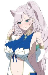 Rule 34 | 1girl, absurdres, animal ear fluff, animal ears, blue dress, blue eyes, blue nails, blush, breasts, cat ears, cleavage, clothing cutout, daydarion, detached sleeves, dress, grey hair, high ponytail, highres, hololive, hololive indonesia, large breasts, long hair, nail polish, navel, pavolia reine, pavolia reine (1st costume), ponytail, sleeveless, sleeveless dress, stomach cutout, very long hair, virtual youtuber, white background, white sleeves