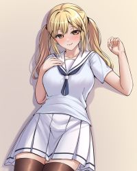 Rule 34 | 1girl, bang dream!, blonde hair, blue neckerchief, blush, breasts, brown thighhighs, closed mouth, collarbone, commentary request, cowboy shot, gradient background, grey background, hair ornament, hand on own chest, hands up, highres, ichigaya arisa, korean commentary, long hair, looking at viewer, lying, medium breasts, miniskirt, mixed-language commentary, neckerchief, on back, pleated skirt, ptal, sailor collar, school uniform, serafuku, shadow, shirt, short sleeves, sidelocks, single stripe, skirt, smile, solo, striped clothes, striped skirt, thighhighs, twintails, white sailor collar, white serafuku, white shirt, white skirt, x hair ornament, yellow background, yellow eyes, zettai ryouiki