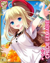Rule 34 | 1girl, beret, black leggings, blonde hair, blue eyes, bug, card (medium), character name, chloe lemaire, dragonfly, dress, girlfriend (kari), hat, insect, leggings, long hair, official art, open mouth, outdoors, qp:flapper, smile, solo, standing, tagme, white dress