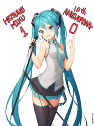 Rule 34 | 1girl, annoyed, aqua eyes, aqua hair, bad id, bad pixiv id, black thighhighs, character name, cowboy shot, hatsune miku, headset, highres, legs together, long hair, microphone, microphone stand, mokew, necktie, ok sign, simple background, skirt, solo, standing, thighhighs, twintails, very long hair, vocaloid, white background