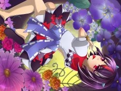 Rule 34 | 1girl, :p, black hair, flower, flower request, full moon, grey horns, highres, horns, kakiikada, kijin seija, looking at viewer, looking to the side, moon, multicolored hair, puffy short sleeves, puffy sleeves, red eyes, red hair, sandals, short sleeves, solo, streaked hair, tongue, tongue out, touhou, upside-down, white hair