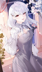 Rule 34 | 1girl, alternate costume, blue archive, blush, braid, breasts, cherry blossoms, cleavage, dress, grey dress, grey hair, hair between eyes, hair ornament, hairclip, halo, haruna (blue archive), highres, jacket, koyo akio, large breasts, long hair, long sleeves, open clothes, open jacket, open mouth, red eyes, red halo, side braid, smile, solo, white jacket