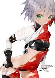 Rule 34 | 1girl, absurdres, bandaged arm, bandages, blood, blood on clothes, blood on face, blouse, breasts, clothes in mouth, clothes lift, fate/apocrypha, fate/grand order, fate (series), female focus, fingerless gloves, gloves, green eyes, grey hair, highres, jack the ripper (fate/apocrypha), looking at viewer, mouth hold, nyatabe, scar, shirt, shirt in mouth, shirt lift, simple background, small breasts, solo, strap pull, thighhighs, white background, white shirt