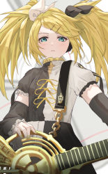 Rule 34 | 1girl, azusa (azunyan12), black shirt, black skirt, blonde hair, blush, breasts, detached sleeves, eyebrows hidden by hair, hair ornament, hairclip, highres, holding, holding instrument, instrument, kagamine rin, looking down, parted lips, roshin yuukai (vocaloid), shirt, skirt, small breasts, solo, twintails, two-tone shirt, two-tone skirt, vocaloid, white shirt, white skirt
